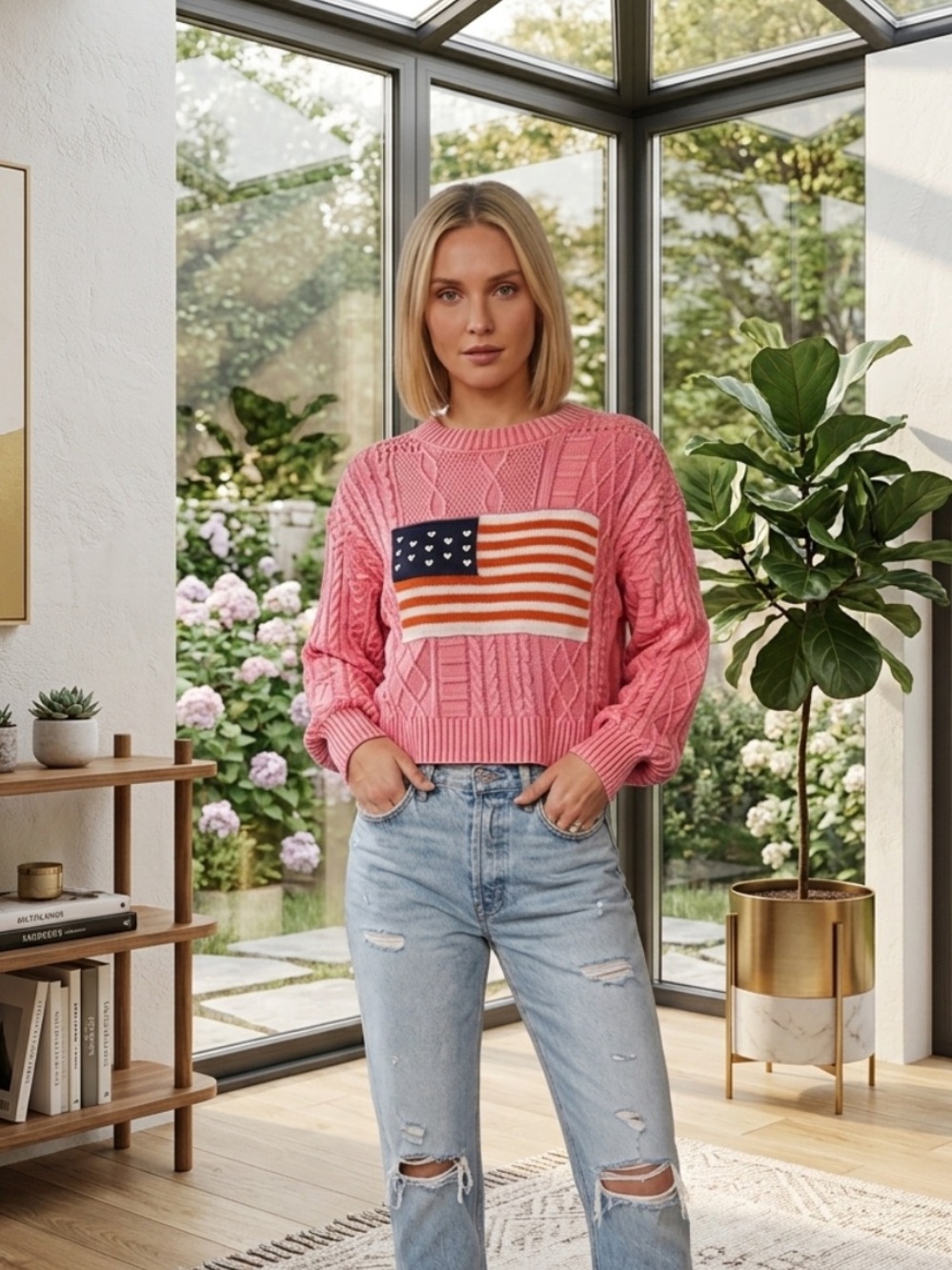 💕POL Pink Cable Knit Sweater with Flag Design